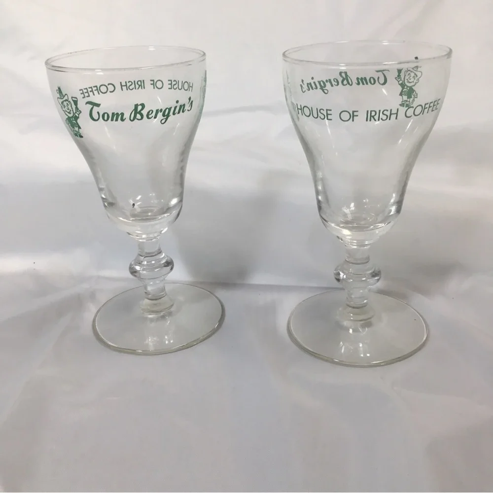 2 Tom Bergin’s House Of Irish Coffee Glasses 5.5” Leprechaun Stem VTG Green